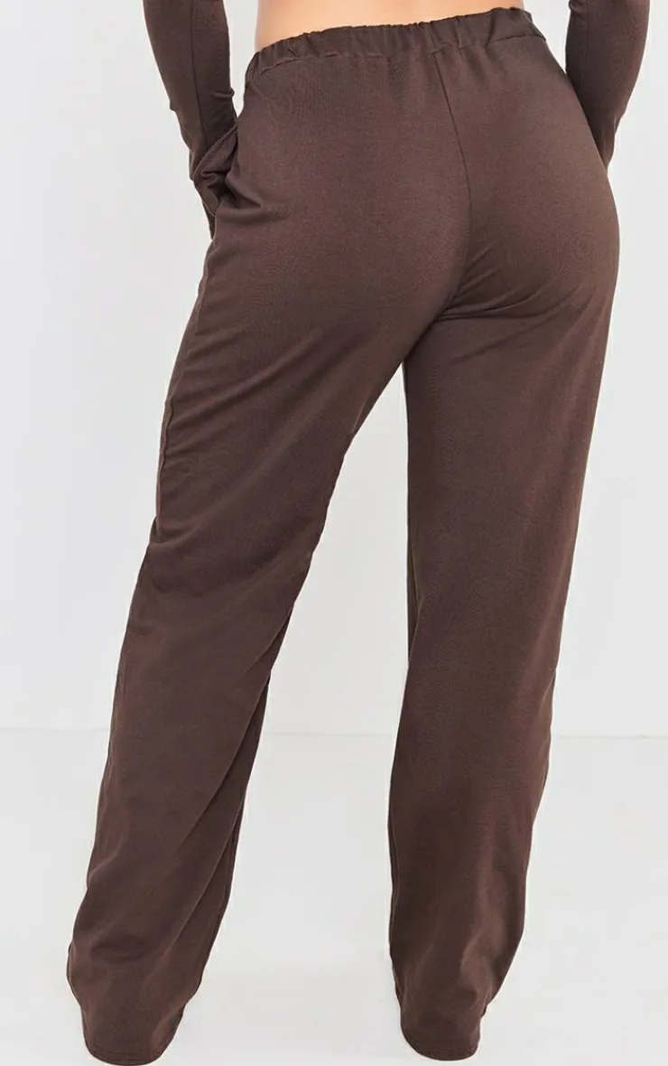 PrettyLittleThing Cotton Jersey Wide Leg Pants Coffee