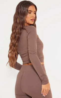 Online PrettyLittleThing Snatched Sculpt Long Sleeve Crop Top Coffee