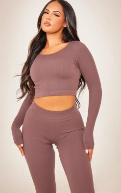 New PrettyLittleThing Structured Snatched Ribbed Long Sleeve Crop Top Coffee