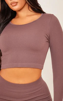 New PrettyLittleThing Structured Snatched Ribbed Long Sleeve Crop Top Coffee