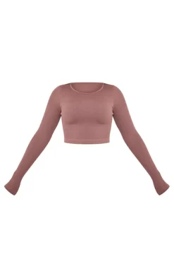 New PrettyLittleThing Structured Snatched Ribbed Long Sleeve Crop Top Coffee