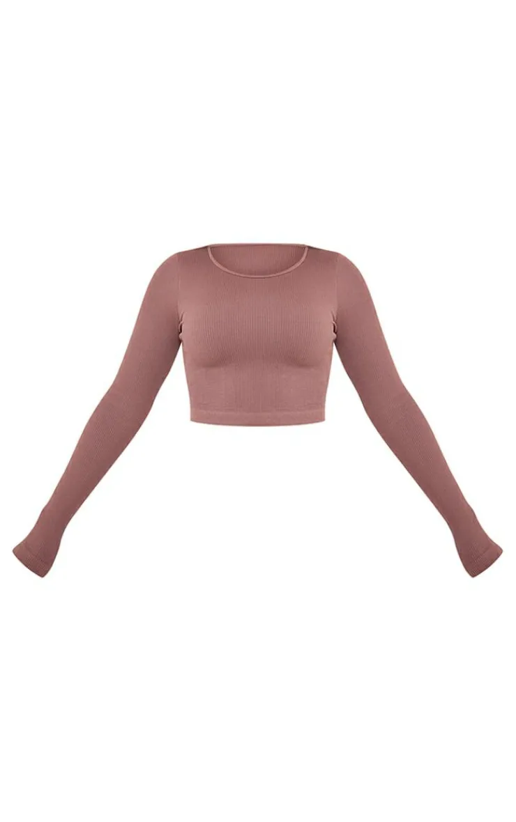 New PrettyLittleThing Structured Snatched Ribbed Long Sleeve Crop Top Coffee