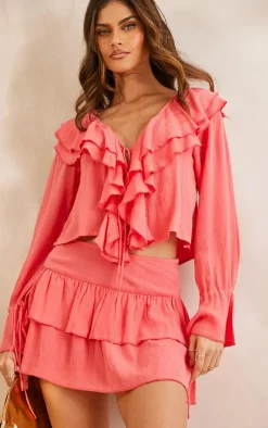 Outlet PrettyLittleThing Cheesecloth Tiered Floaty Micro Mini Skirt Coral