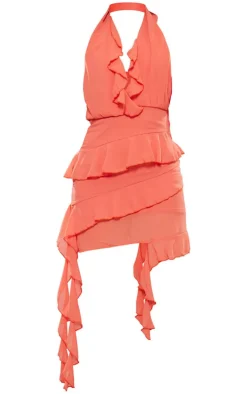Chiffon Frill Detail Drape Halter Neck Mini Dress-PrettyLittleThing Online