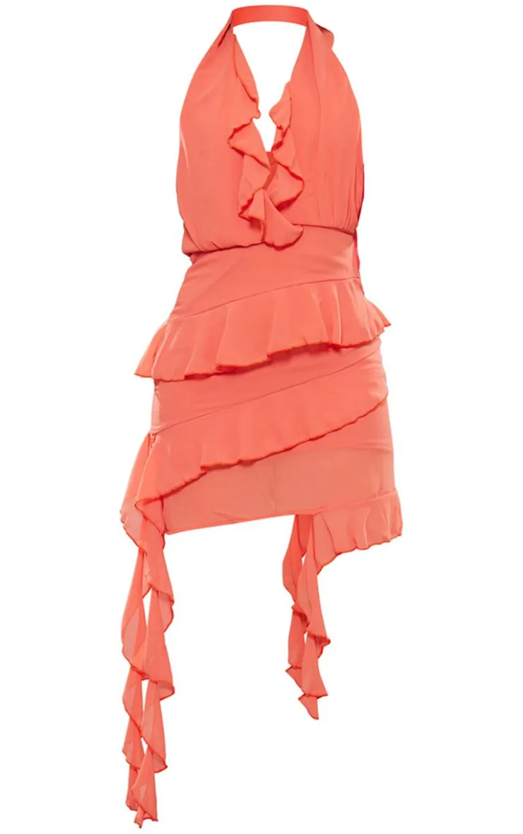 Chiffon Frill Detail Drape Halter Neck Mini Dress-PrettyLittleThing Online