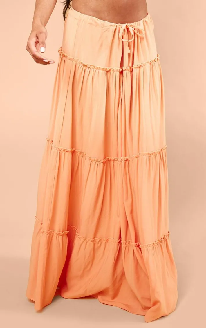 Coral Cotton Low Rise Drawstring Waist Tiered Maxi Skirt