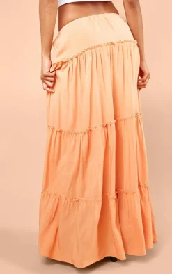Coral Cotton Low Rise Drawstring Waist Tiered Maxi Skirt