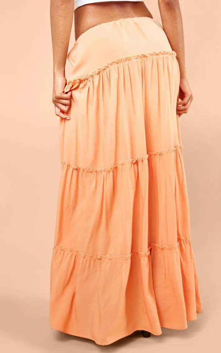 Coral Cotton Low Rise Drawstring Waist Tiered Maxi Skirt