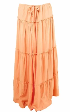 Coral Cotton Low Rise Drawstring Waist Tiered Maxi Skirt