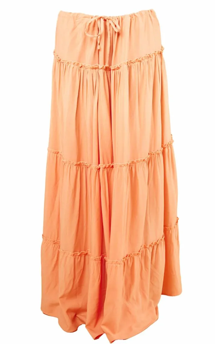 Coral Cotton Low Rise Drawstring Waist Tiered Maxi Skirt