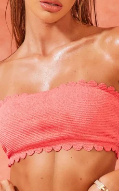 Coral Crinkle Scallop Edge Bandeau Bikini Top