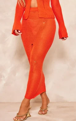 New PrettyLittleThing Distressed Knit Maxi Skirt Coral