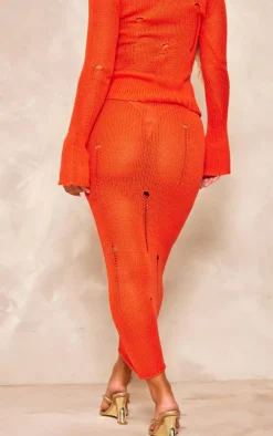 New PrettyLittleThing Distressed Knit Maxi Skirt Coral