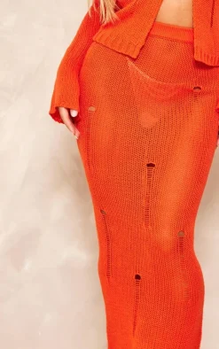 New PrettyLittleThing Distressed Knit Maxi Skirt Coral
