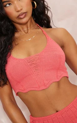 Hot PrettyLittleThing Distressed Ladder Crochet Knit Bralet Coral