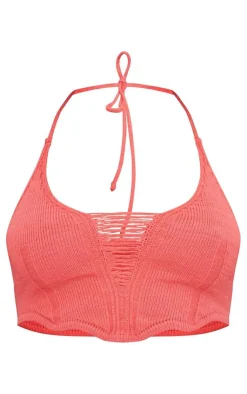 Hot PrettyLittleThing Distressed Ladder Crochet Knit Bralet Coral