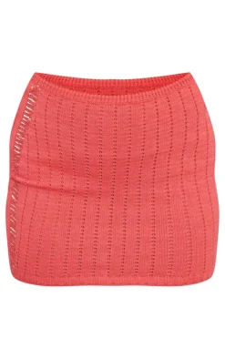 Coral Distressed Ladder Crochet Knit Mini Skirt