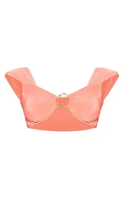 New PrettyLittleThing Double Layer Slinky Trim Detail Capped Sleeve Crop Top Coral
