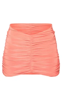 Sale PrettyLittleThing Double Layer Slinky Ruched Dipped Hem Mini Skirt Coral