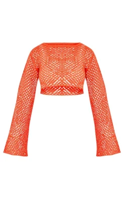 PrettyLittleThing Open Crochet Glitter Flared Sleeve Crop Top Coral