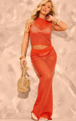 PrettyLittleThing Open Crochet Glitter Knit Racer Neck Top Coral