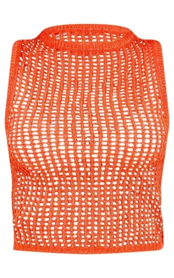 PrettyLittleThing Open Crochet Glitter Knit Racer Neck Top Coral