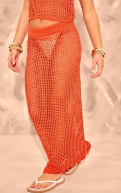 Online PrettyLittleThing Open Crochet Glitter Knit Maxi Skirt Coral