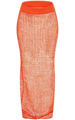Online PrettyLittleThing Open Crochet Glitter Knit Maxi Skirt Coral