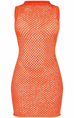 Coral Open Glitter Crochet Racer Neck Mini Dress