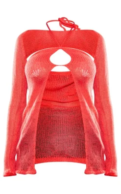 PrettyLittleThing Knitted Tops*Open Knit Open Front Top & Sleeves