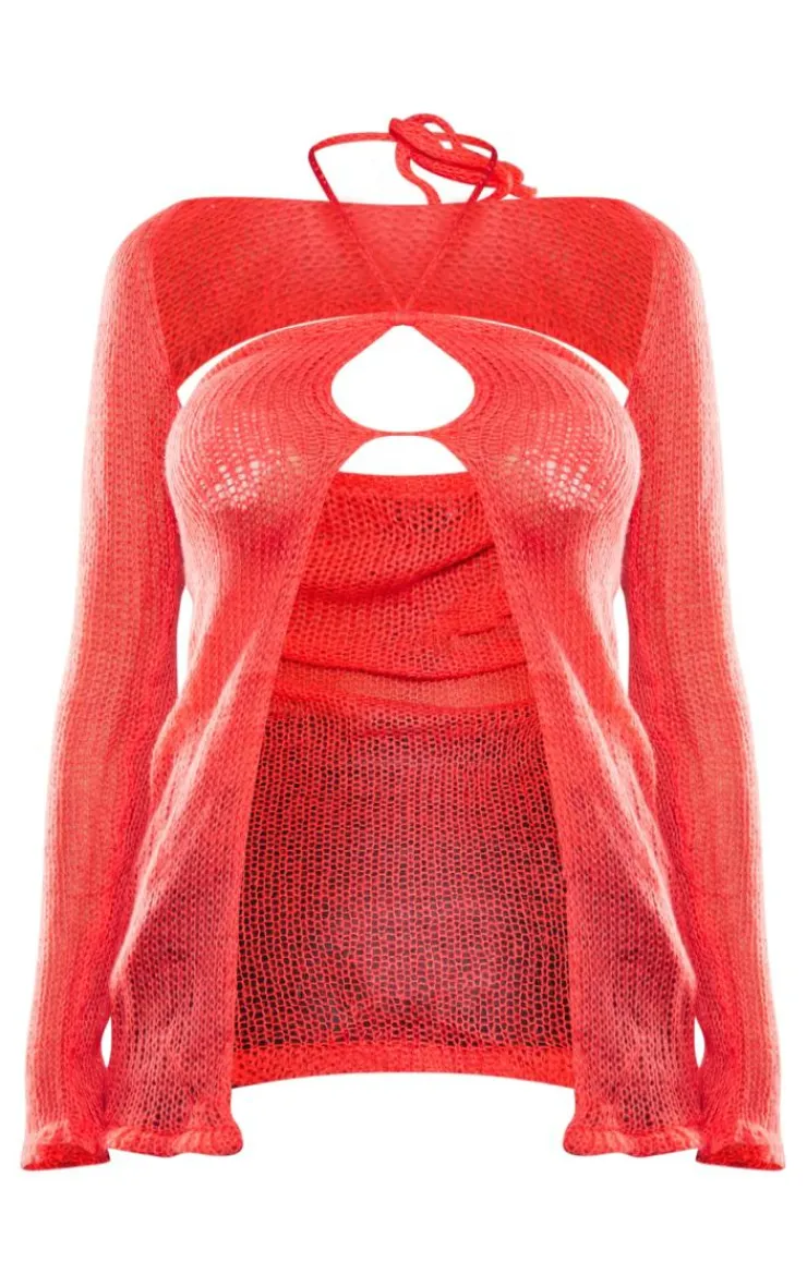 PrettyLittleThing Knitted Tops*Open Knit Open Front Top & Sleeves