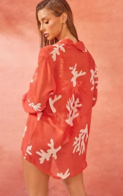 Coral Print Chiffon Oversized Beach Shirt