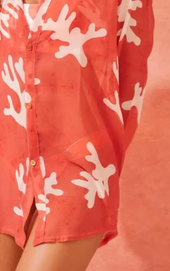 Coral Print Chiffon Oversized Beach Shirt