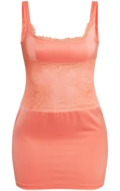 Coral Satin Lace Insert Trim Detail Strappy Bodycon Dress-PrettyLittleThing