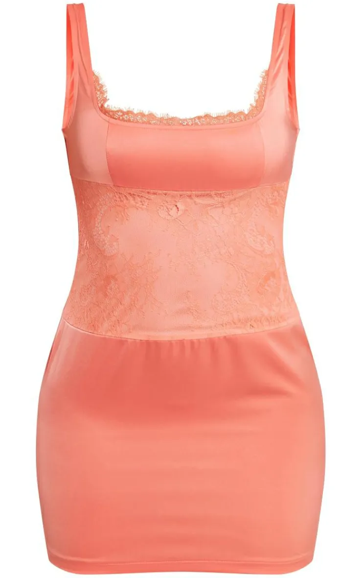 Coral Satin Lace Insert Trim Detail Strappy Bodycon Dress-PrettyLittleThing