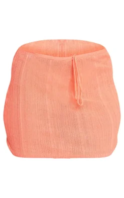 Discount PrettyLittleThing Sheer Textured Knit Tie Waist Mini Skirt Coral