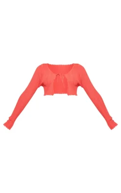 New PrettyLittleThing Textured Crochet Knit Tie Front Top Coral