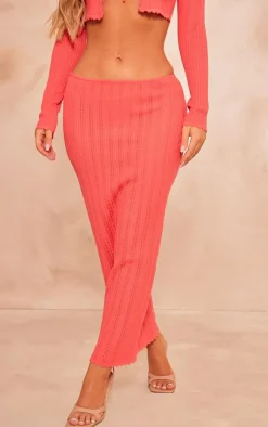 Discount PrettyLittleThing Textured Crochet Knit Maxi Skirt Coral