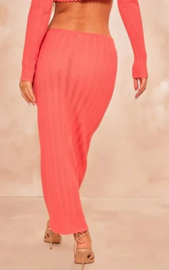 Discount PrettyLittleThing Textured Crochet Knit Maxi Skirt Coral