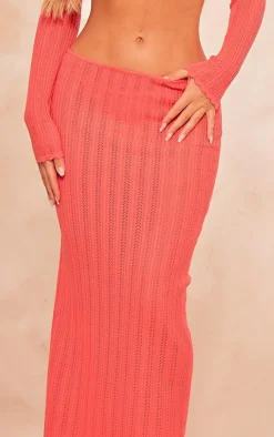 Discount PrettyLittleThing Textured Crochet Knit Maxi Skirt Coral