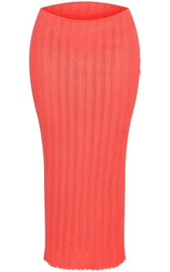 Discount PrettyLittleThing Textured Crochet Knit Maxi Skirt Coral