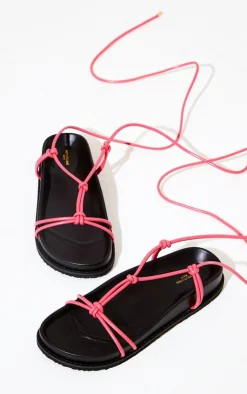 PrettyLittleThing Wide Fit Sandals*Wide Fit PU Knot Lace Up Flat Sandals