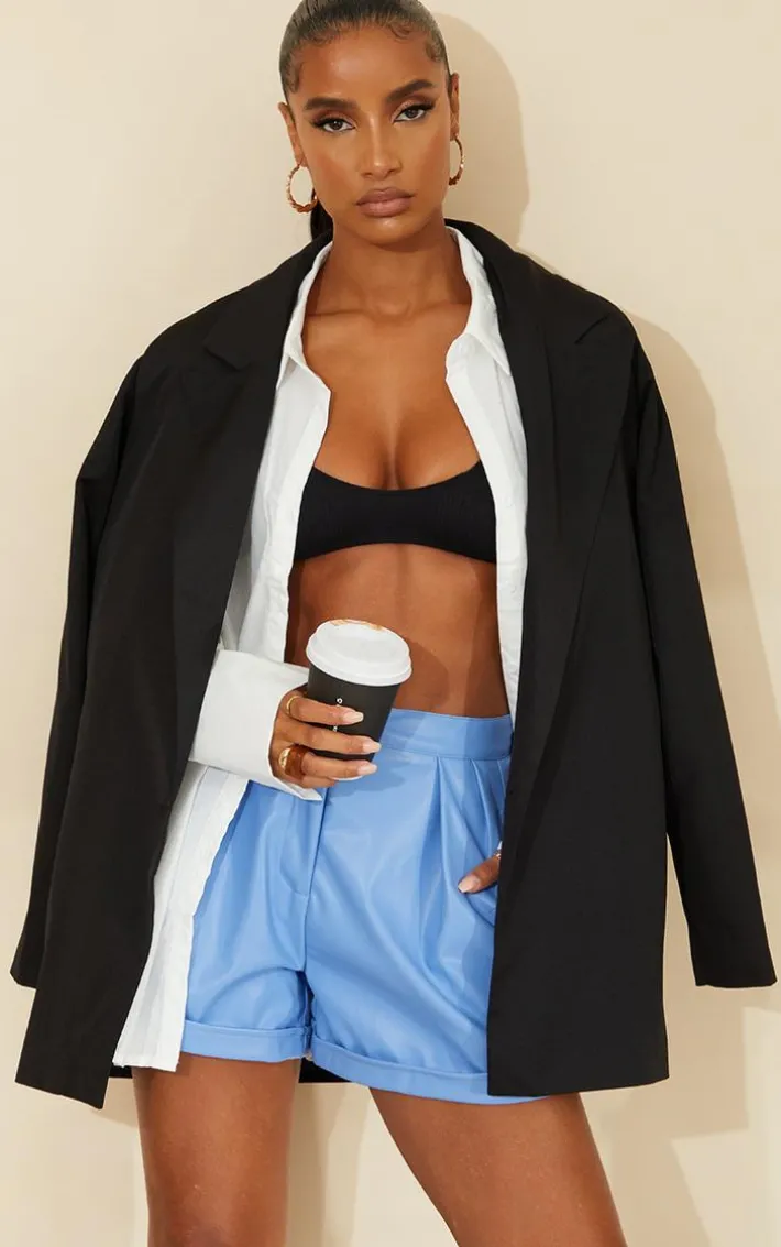 Cornflower Blue Faux Leather Pleat Detail Shorts