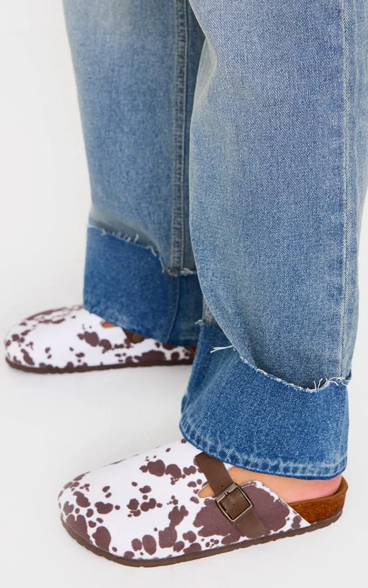 PrettyLittleThing Mules*Cow Print Faux Suede Round Toe Buckle Mule Clogs