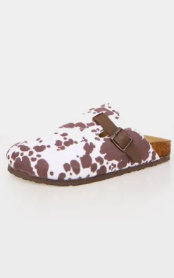 PrettyLittleThing Mules*Cow Print Faux Suede Round Toe Buckle Mule Clogs