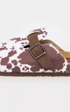 PrettyLittleThing Mules*Cow Print Faux Suede Round Toe Buckle Mule Clogs