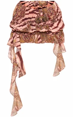 Clearance PrettyLittleThing Abstract Print Chiffon Ruffle Mini Skirt Cream