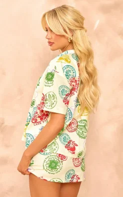 PrettyLittleThing Abstract Print Linen Look Oversized Short Sleeve Shirt Cream