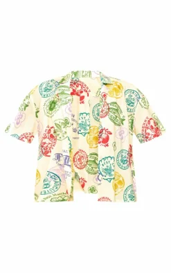 PrettyLittleThing Abstract Print Linen Look Oversized Short Sleeve Shirt Cream