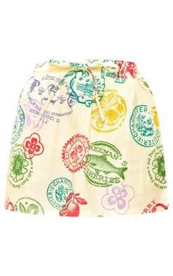 Hot PrettyLittleThing Abstract Print Linen Look Elastic Waist Mini Skirt Cream